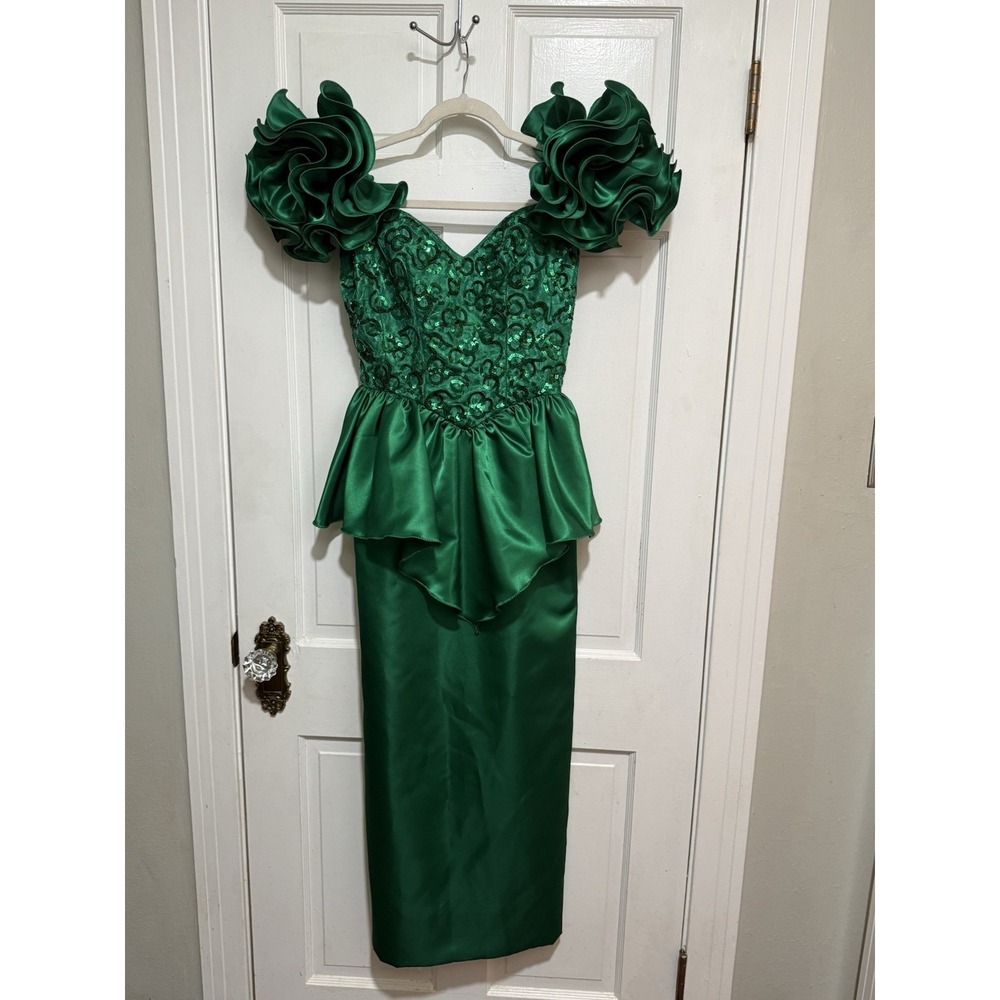 Vintage Green Sequin Womens Formal Prom 1980s Ruffle Sleeve Long Prom Homecoming